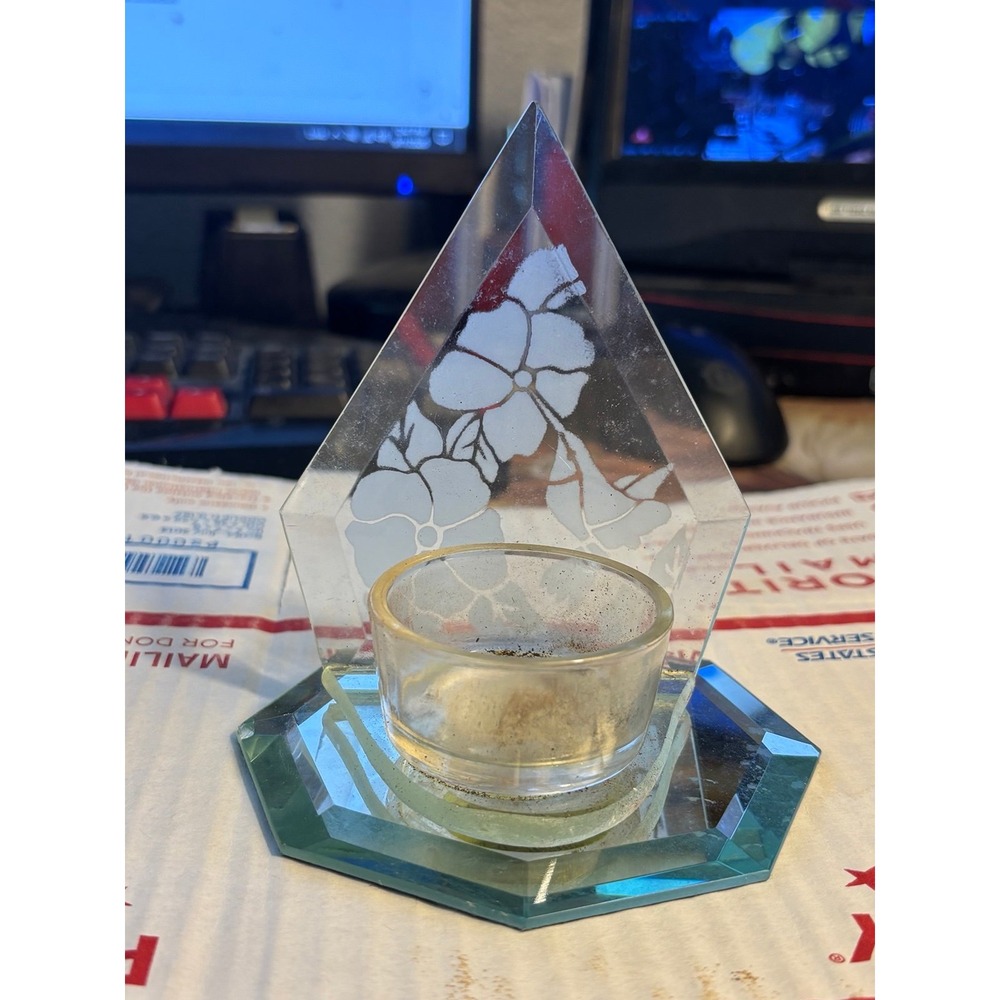 Etched Glass Hummingbirds With Votive Candle. Glass Base